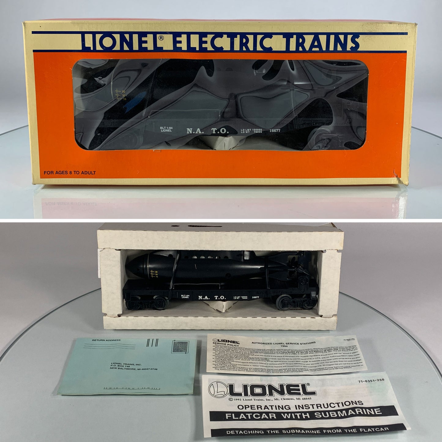 LIONEL • O GAUGE • 1994 Flatcar w Royal Navy Submarine Car 6-16677 • NEW OLD STOCK