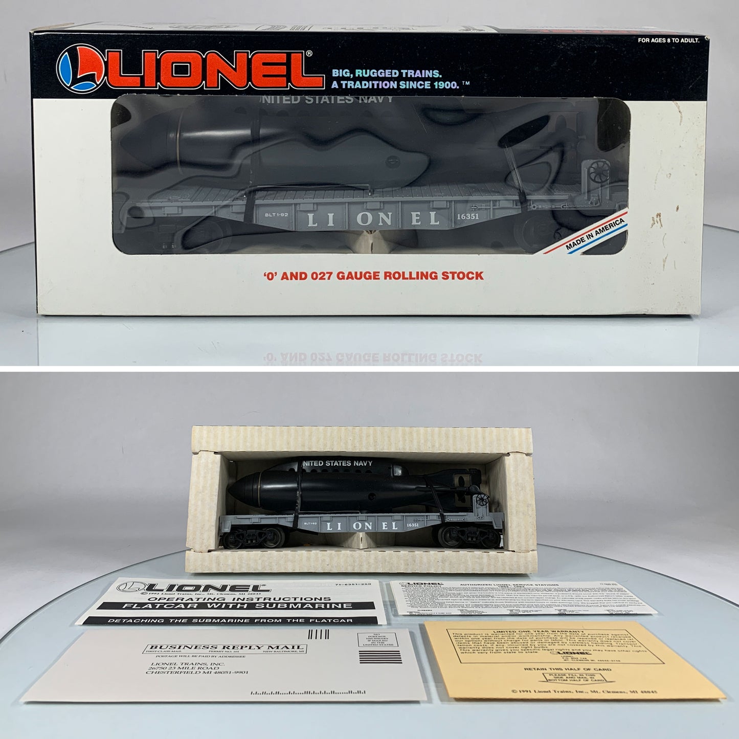 LIONEL • O GAUGE • 1992 Flatcar w United States Navy Submarine Car 6-16351 • NEW OLD STOCK