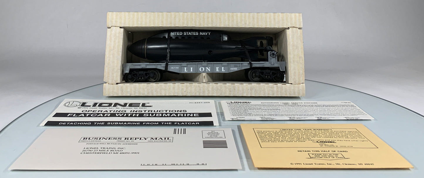 LIONEL • O GAUGE • 1992 Flatcar w United States Navy Submarine Car 6-16351 • NEW OLD STOCK