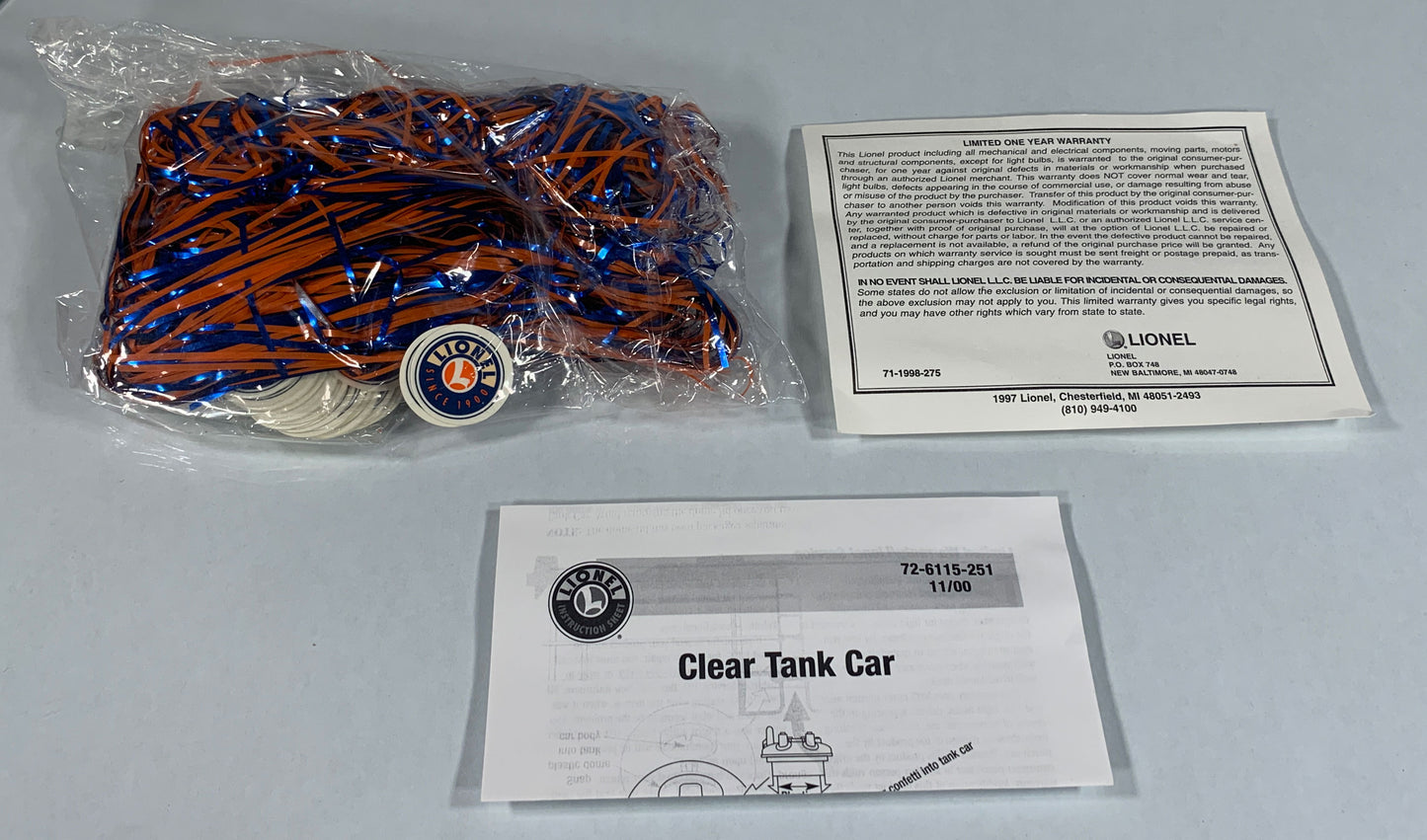 LIONEL • O GAUGE • 2000 Lionel Centennial Confetti Tank Car 6-26115 • NEW OLD STOCK