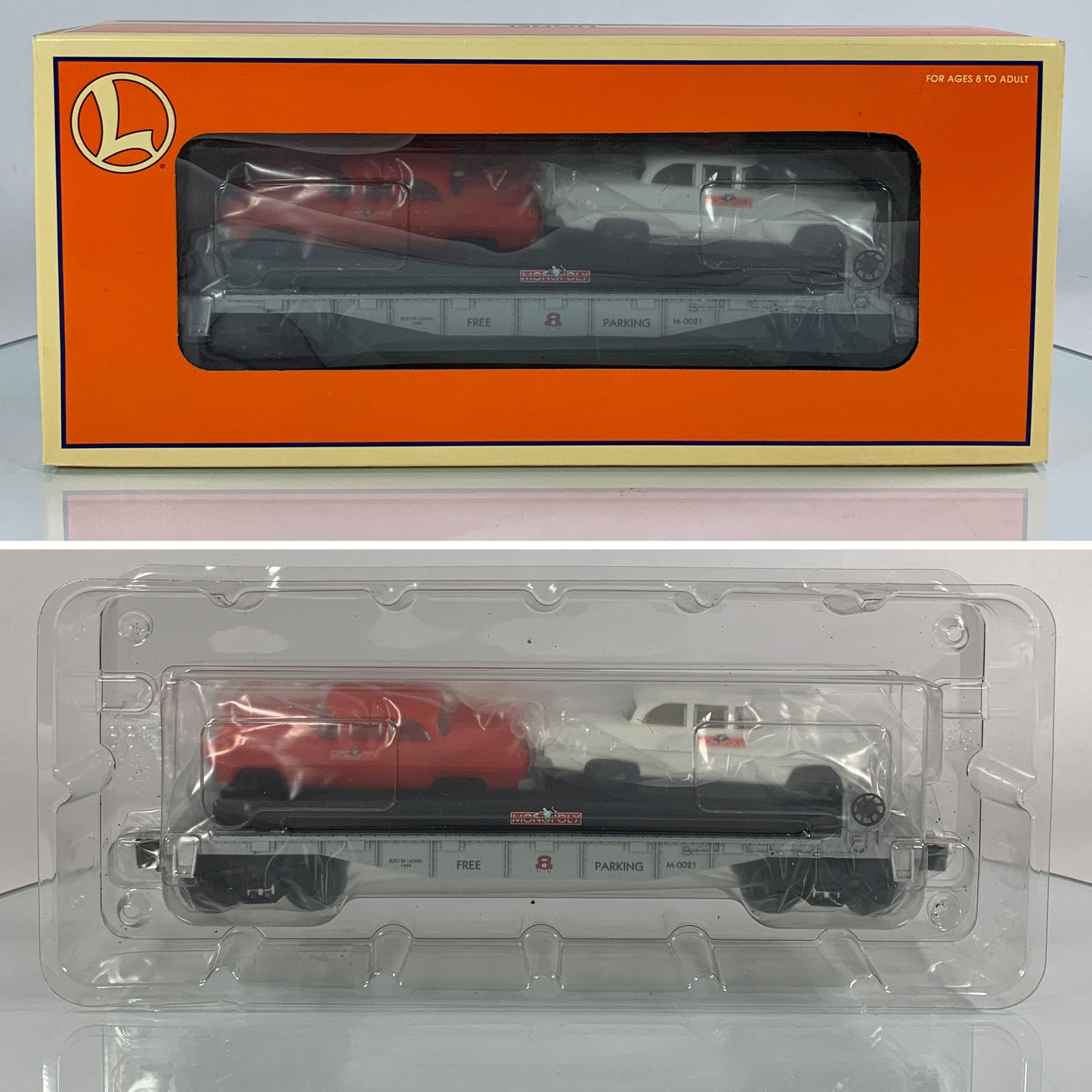 LIONEL • O GAUGE • 1999 Monopoly Free Parking Flatcar w 2 Autos 6-52184 • NEW OLD STOCK