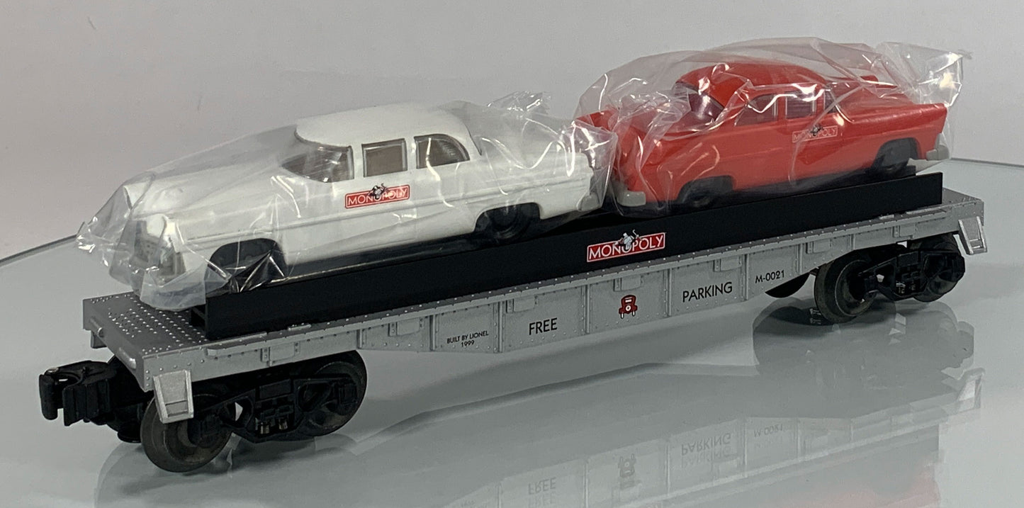 LIONEL • O GAUGE • 1999 Monopoly Free Parking Flatcar w 2 Autos 6-52184 • NEW OLD STOCK