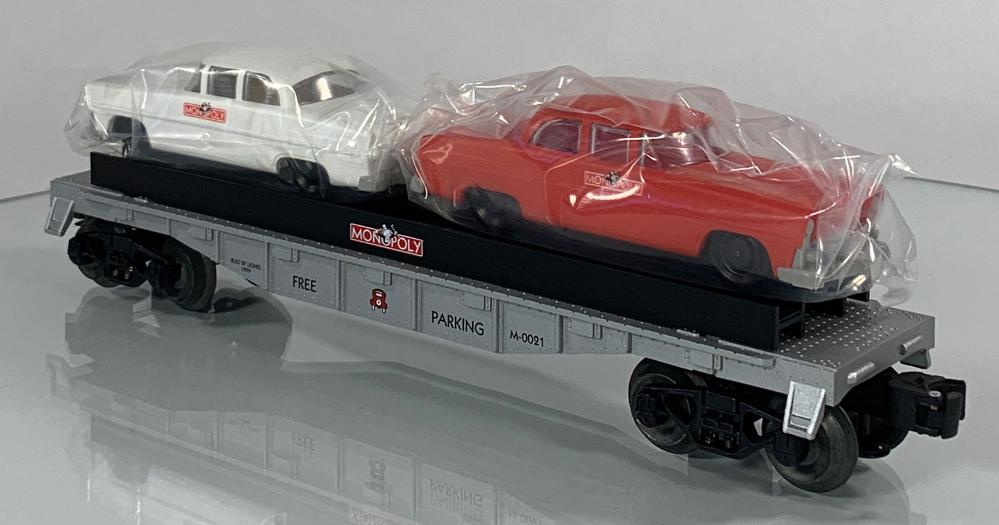LIONEL • O GAUGE • 1999 Monopoly Free Parking Flatcar w 2 Autos 6-52184 • NEW OLD STOCK
