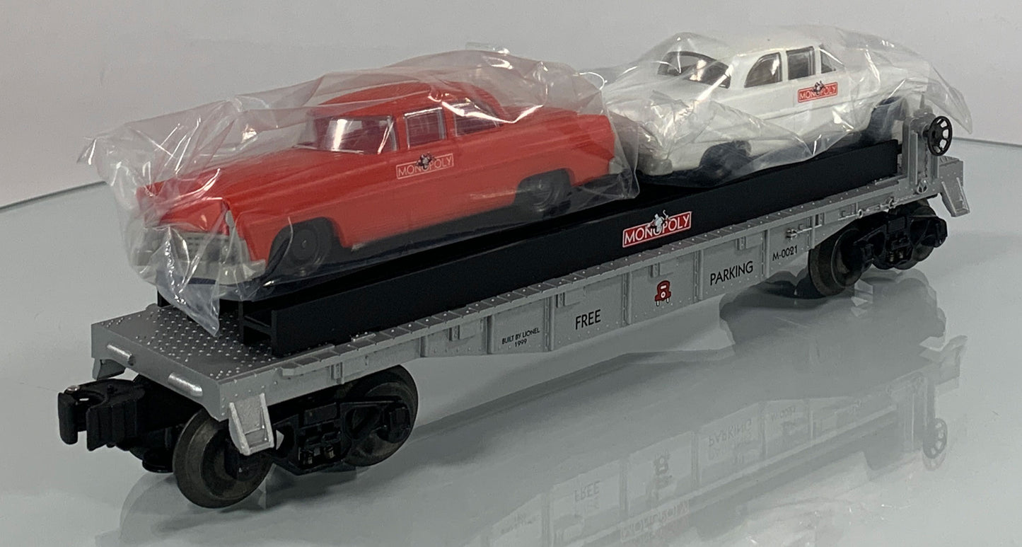 LIONEL • O GAUGE • 1999 Monopoly Free Parking Flatcar w 2 Autos 6-52184 • NEW OLD STOCK