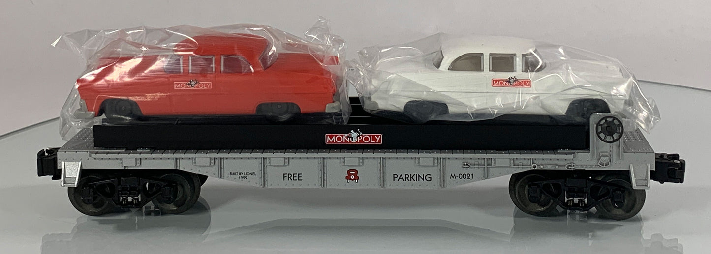 LIONEL • O GAUGE • 1999 Monopoly Free Parking Flatcar w 2 Autos 6-52184 • NEW OLD STOCK