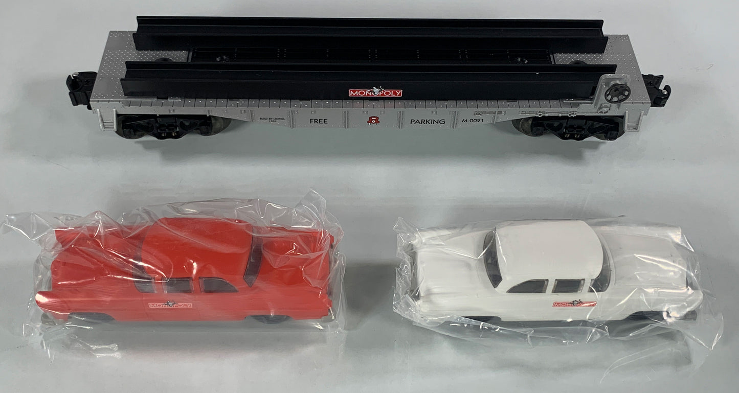LIONEL • O GAUGE • 1999 Monopoly Free Parking Flatcar w 2 Autos 6-52184 • NEW OLD STOCK