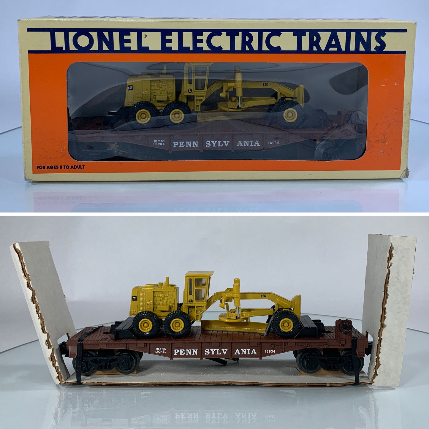LIONEL • O GAUGE • 1995 Pennsylvania Flatcar w Ertl Grader 6-16934 • NEW OLD STOCK