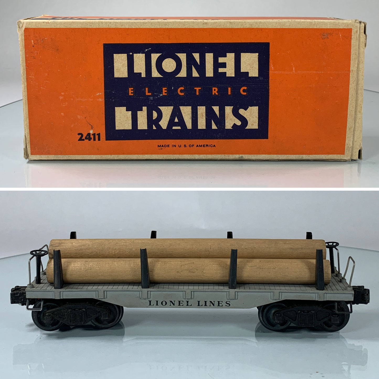 LIONEL • O GAUGE • 1947-1948 Postwar 2411 Flat Car with Logs • Original Box • GOOD COND
