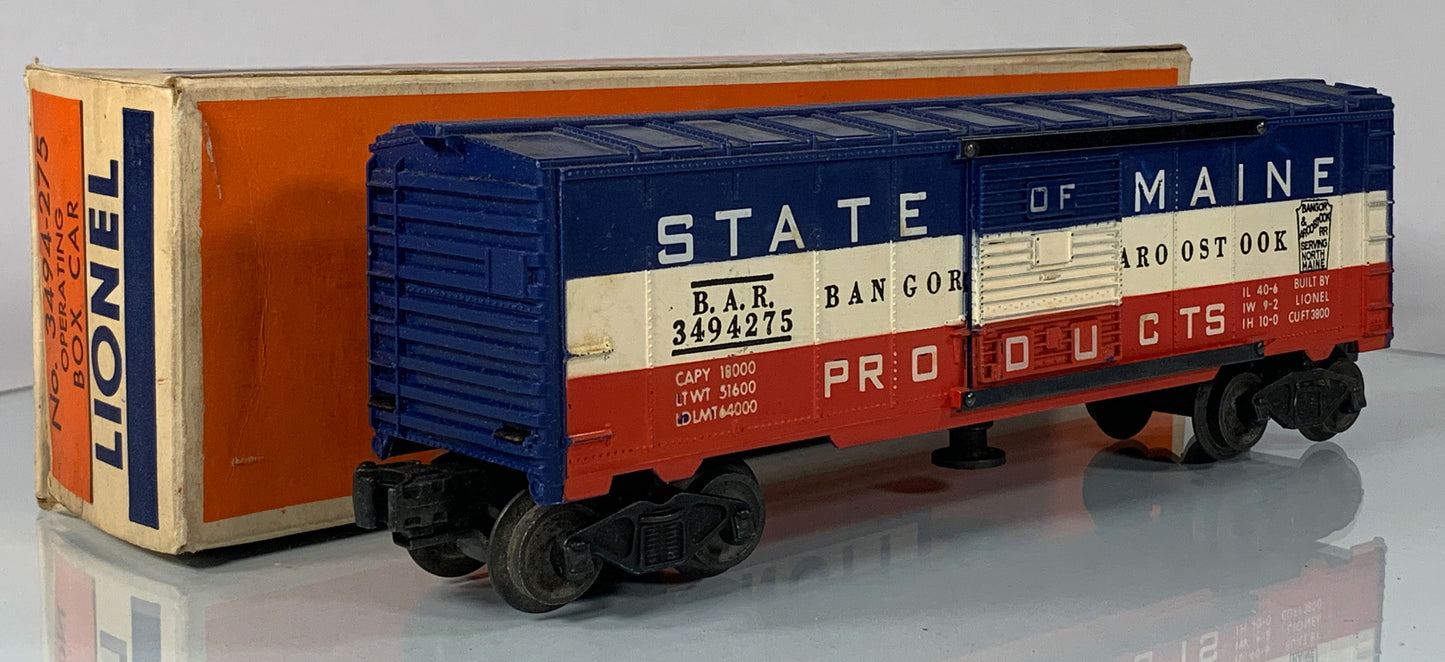 LIONEL • O GAUGE • 1956-1958 Postwar 3494-275 State of Maine Operating Boxcar w Orig Box • EX COND