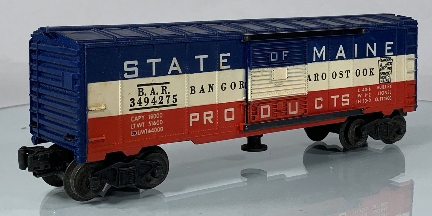 LIONEL • O GAUGE • 1956-1958 Postwar 3494-275 State of Maine Operating Boxcar w Orig Box • EX COND