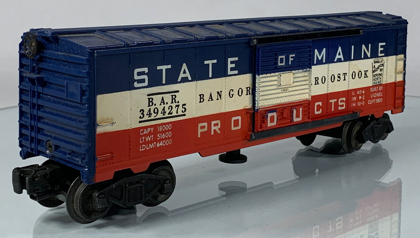 LIONEL • O GAUGE • 1956-1958 Postwar 3494-275 State of Maine Operating Boxcar w Orig Box • EX COND