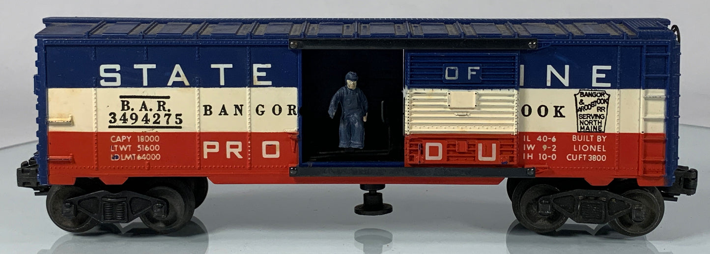 LIONEL • O GAUGE • 1956-1958 Postwar 3494-275 State of Maine Operating Boxcar w Orig Box • EX COND