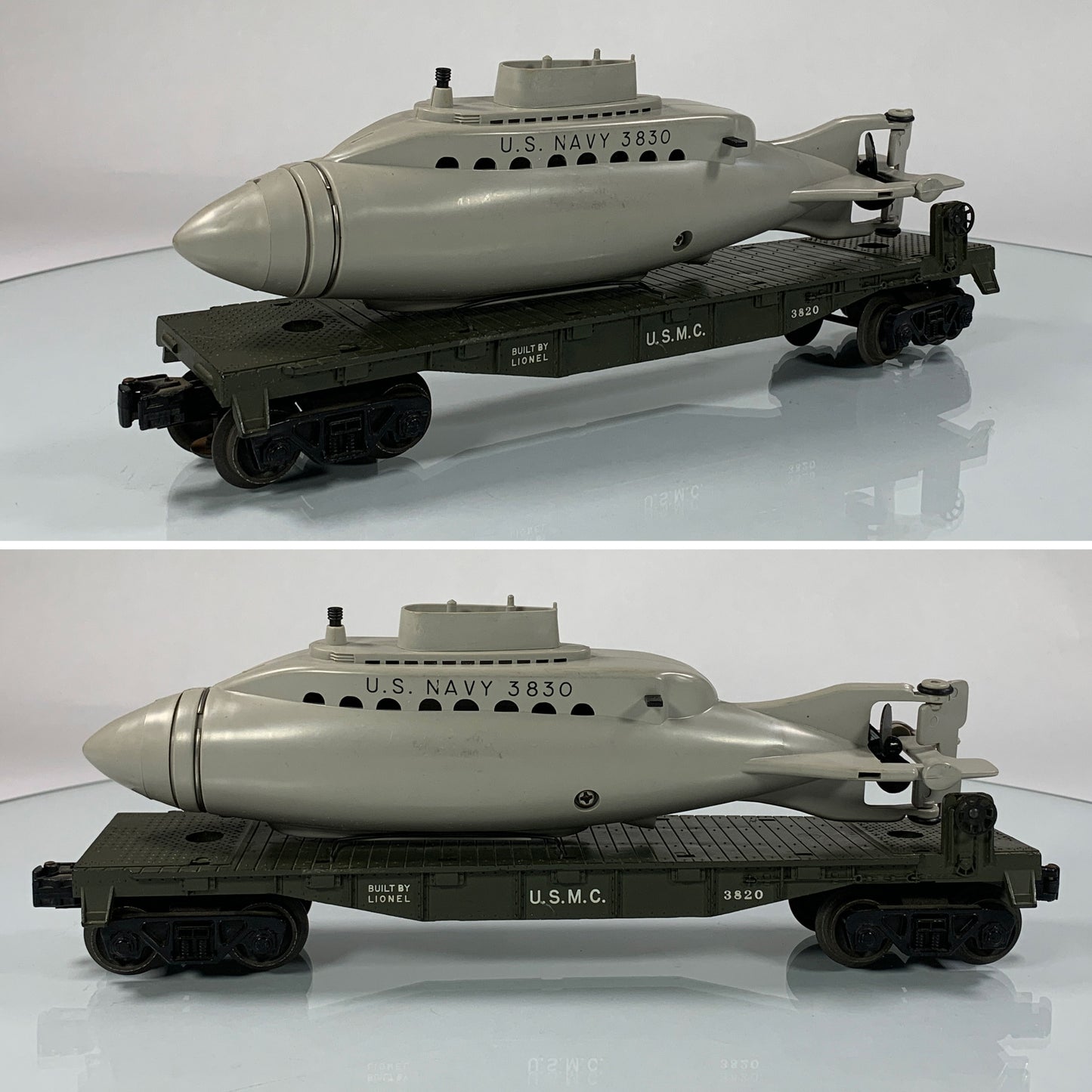LIONEL • O GAUGE • 1960 Postwar 3820 USMC Submarine Flat Car • Loose • VERY GOOD COND