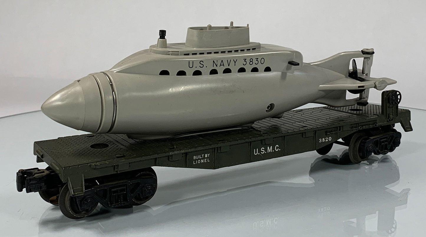 LIONEL • O GAUGE • 1960 Postwar 3820 USMC Submarine Flat Car • Loose • VERY GOOD COND