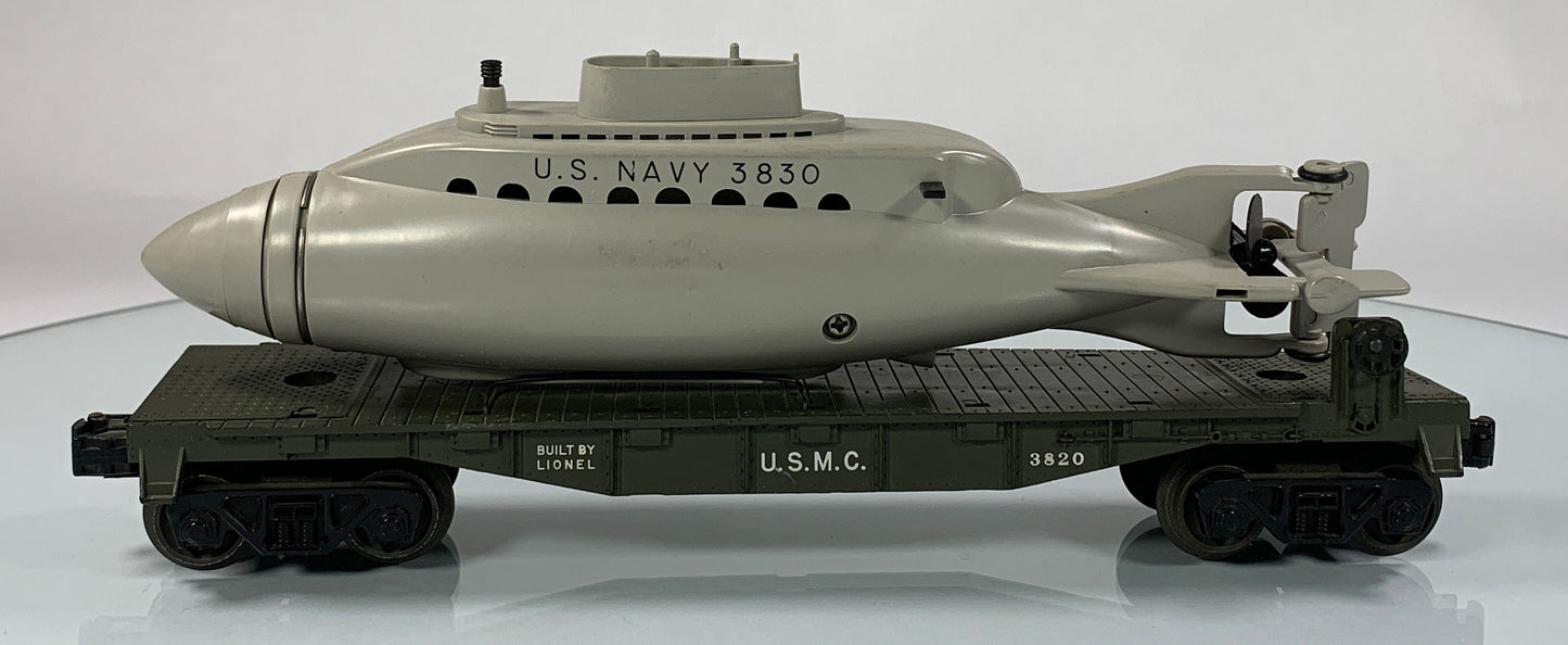 LIONEL • O GAUGE • 1960 Postwar 3820 USMC Submarine Flat Car • Loose • VERY GOOD COND