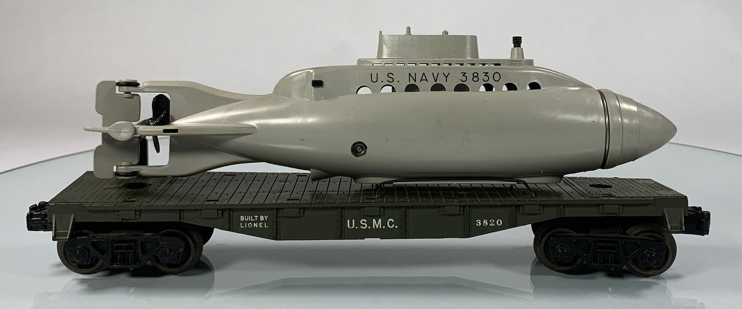 LIONEL • O GAUGE • 1960 Postwar 3820 USMC Submarine Flat Car • Loose • VERY GOOD COND