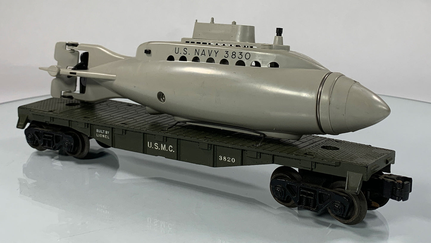 LIONEL • O GAUGE • 1960 Postwar 3820 USMC Submarine Flat Car • Loose • VERY GOOD COND