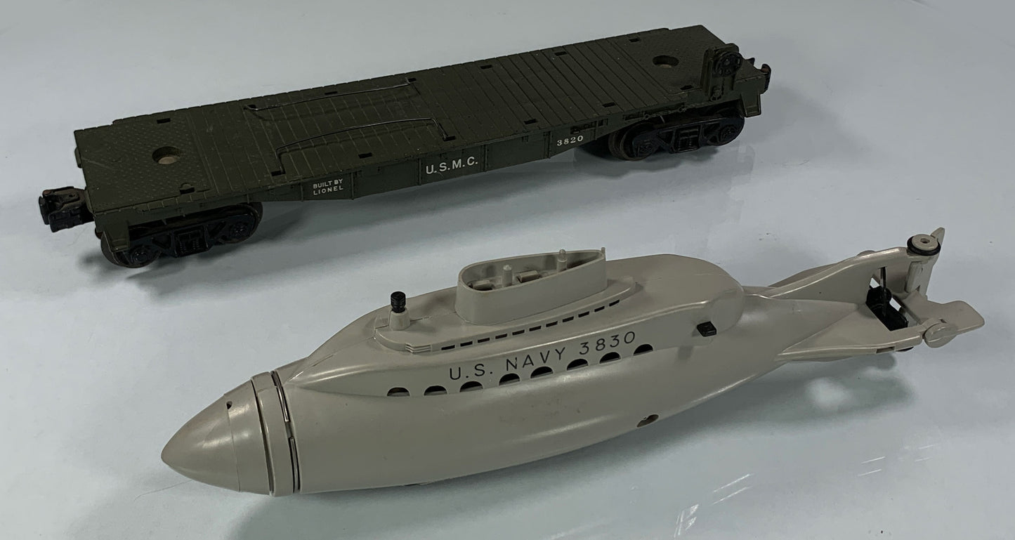 LIONEL • O GAUGE • 1960 Postwar 3820 USMC Submarine Flat Car • Loose • VERY GOOD COND