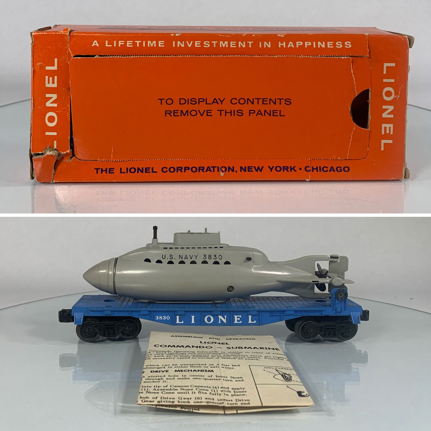 LIONEL • O GAUGE • 1960-1962 Postwar 3830 US Navy Submarine Flat Car w Orig Box • EX COND