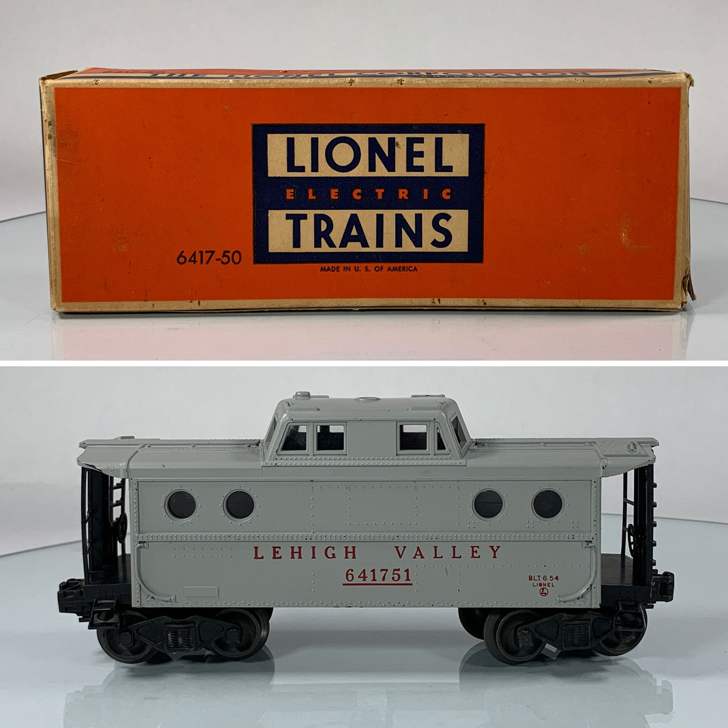 LIONEL • O GAUGE • 1954 Postwar 6417-50 Illuminated Lehigh Valley Caboose • Original Box • EXCELLENT COND