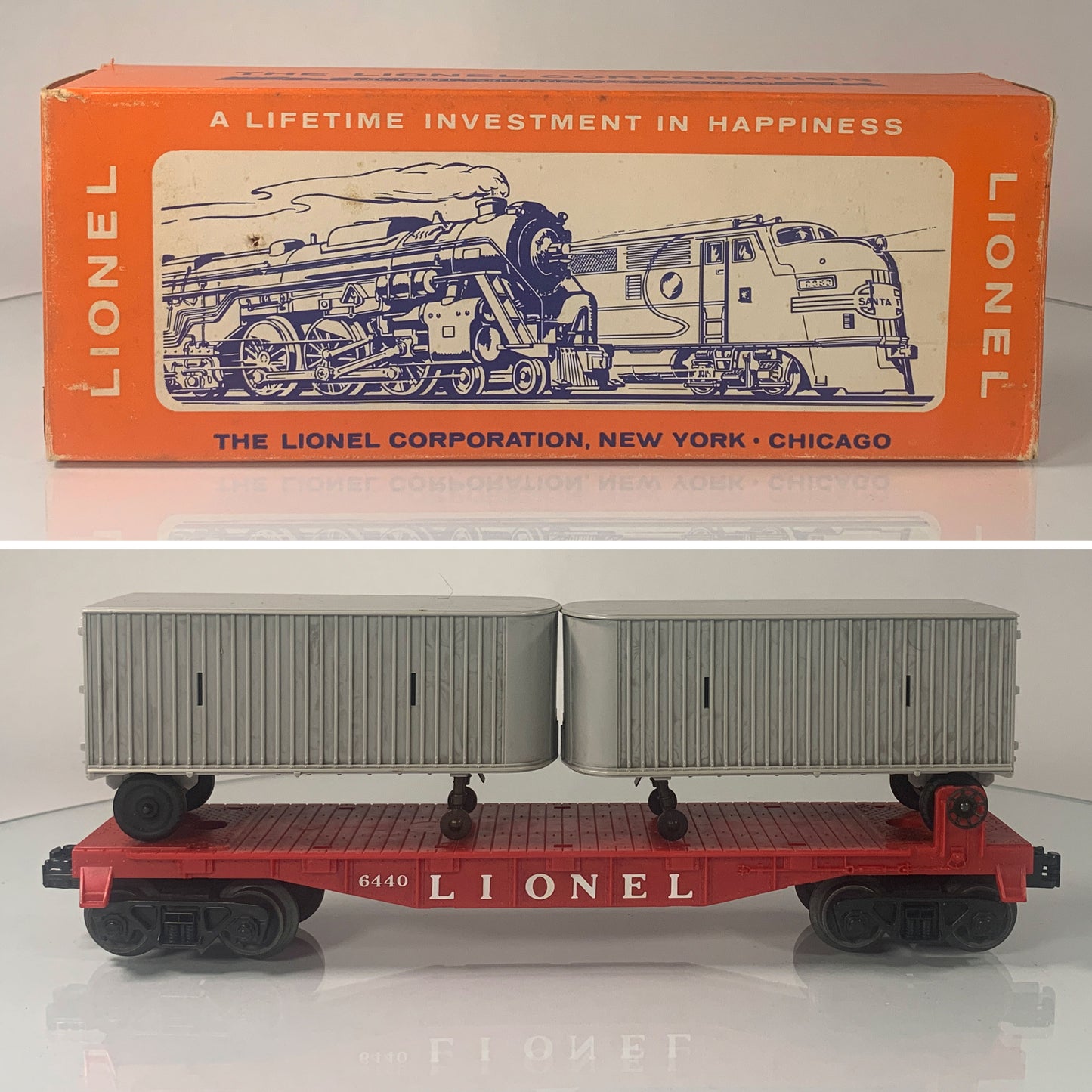LIONEL • O GAUGE • 1961-1963 Postwar 6440 Flat Car Piggyback Vans • Original Box • VERY GOOD COND