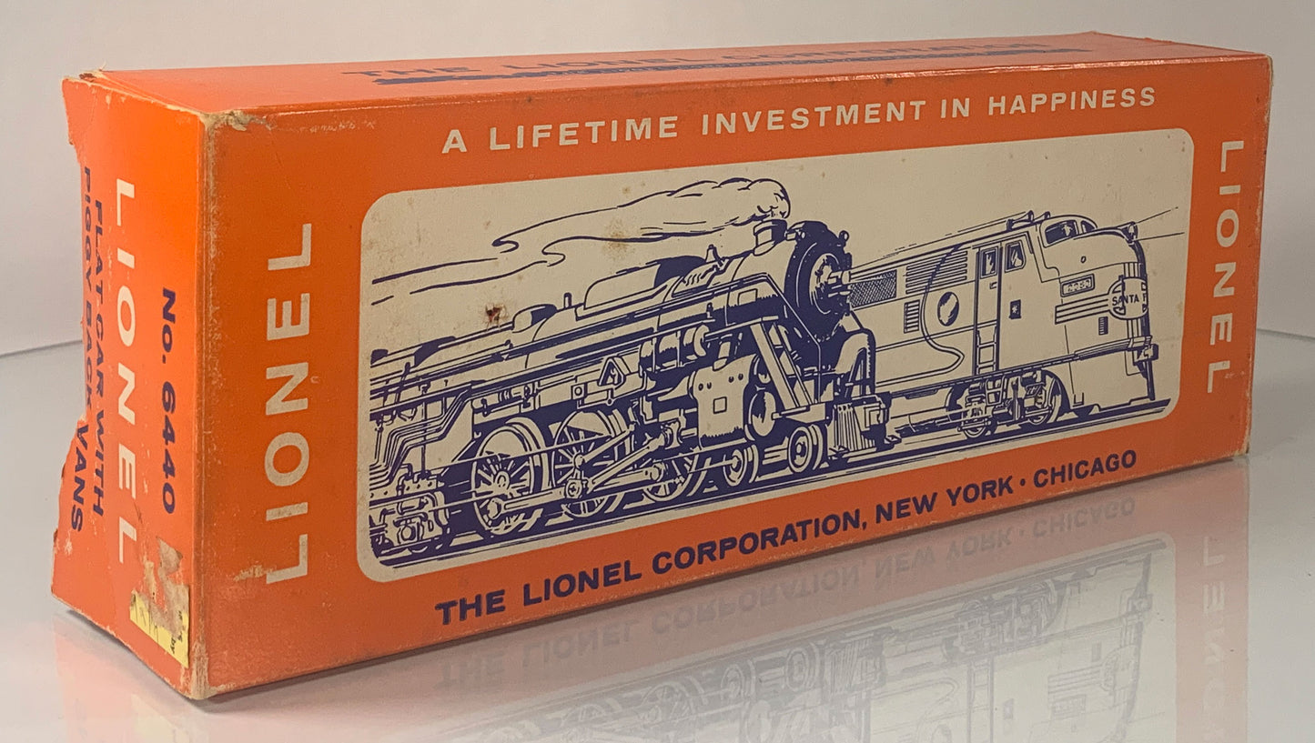 LIONEL • O GAUGE • 1961-1963 Postwar 6440 Flat Car Piggyback Vans • Original Box • VERY GOOD COND