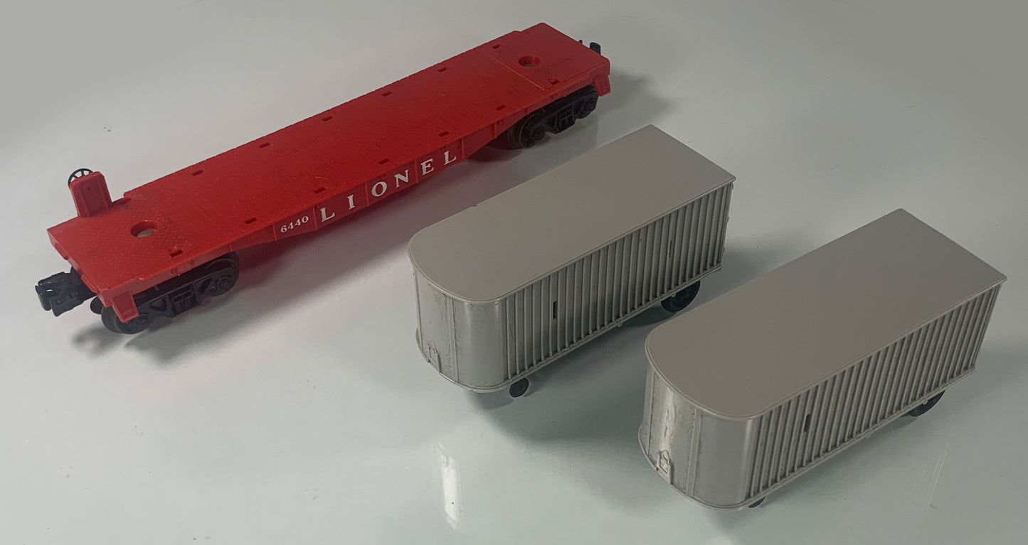 LIONEL • O GAUGE • 1961-1963 Postwar 6440 Flat Car Piggyback Vans • Original Box • VERY GOOD COND