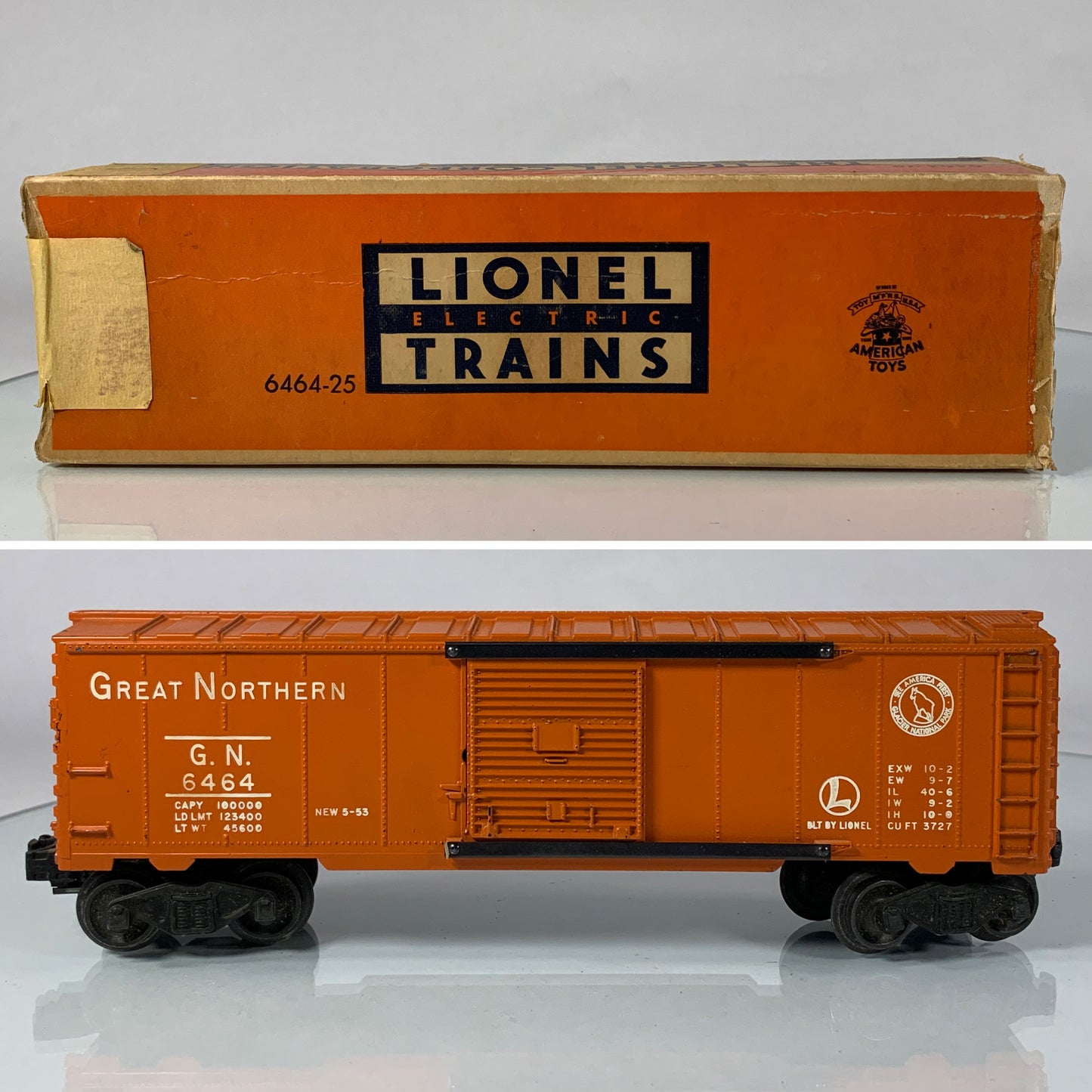 LIONEL • O GAUGE • 1953-1954 Postwar 6464-25 Great Northern Boxcar w Orig Box • EX COND