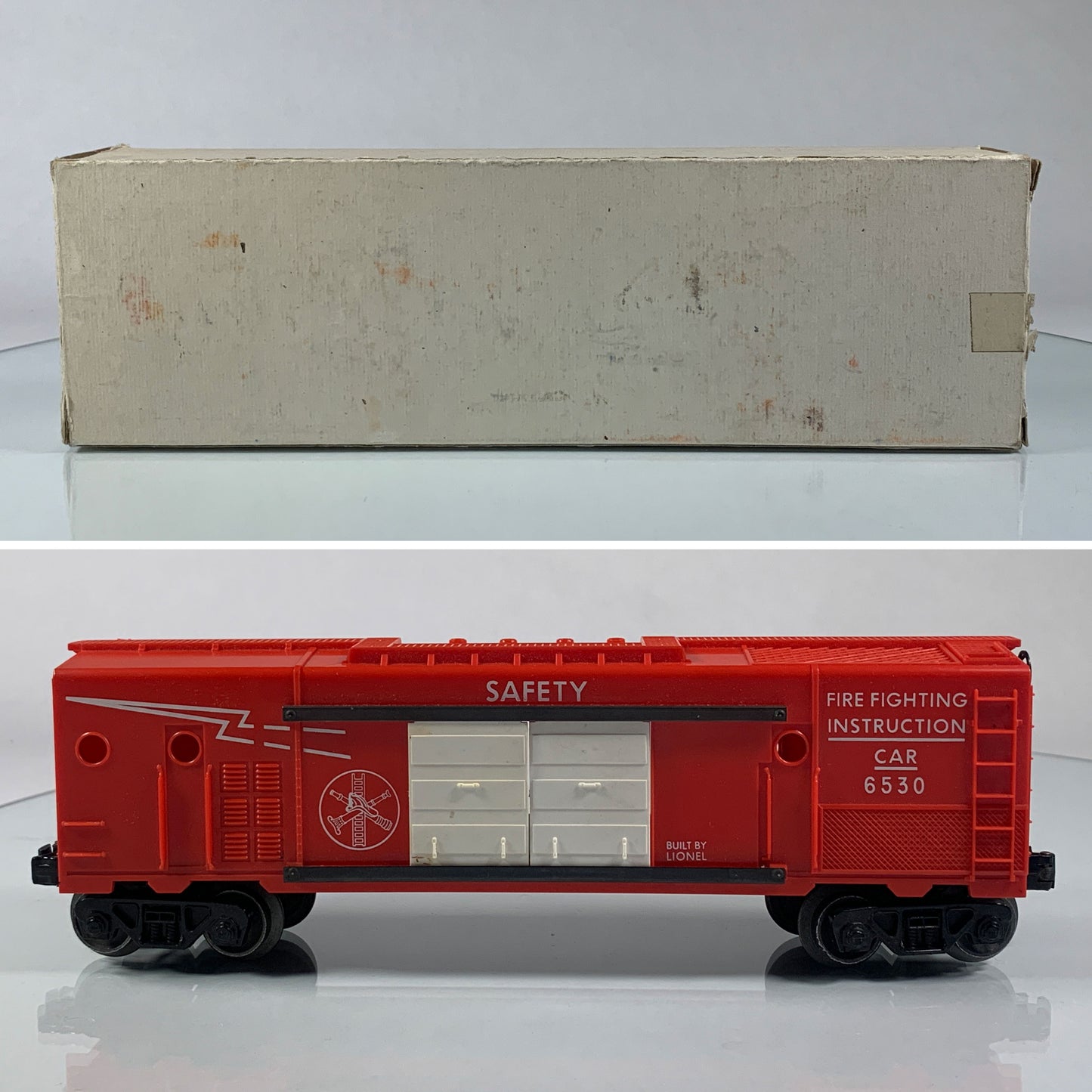 LIONEL • O GAUGE • 1960-1962 Postwar 6530 Fire Fighting Instruction Boxcar w Box • LIKE NEW COND