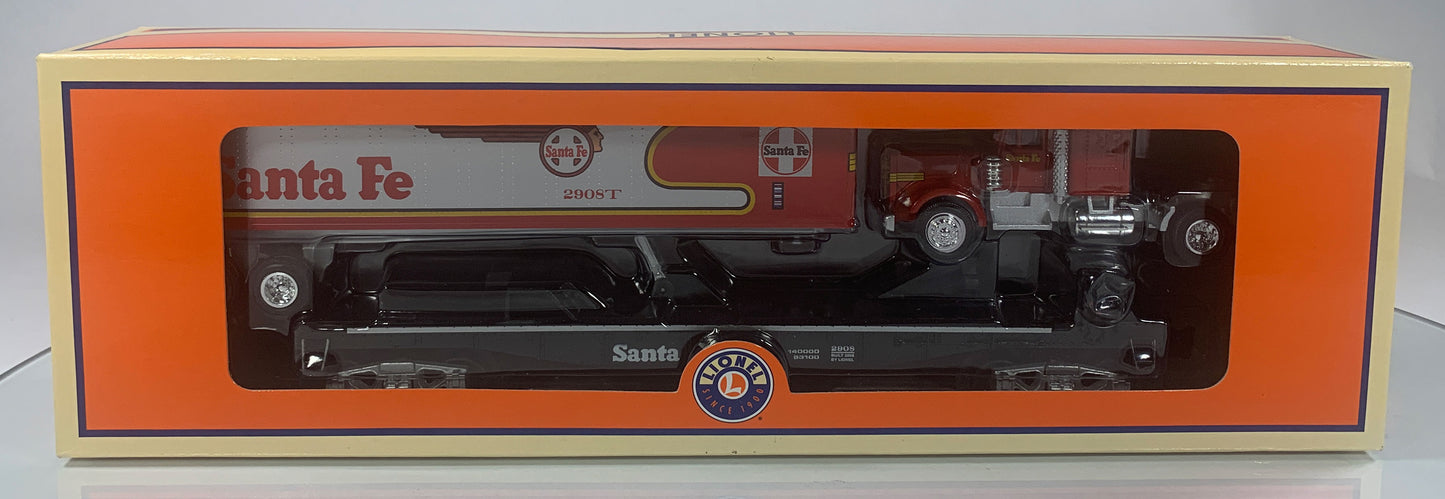 LIONEL • O GAUGE • LOTS 2008 Santa Fe Warbonnet Flatcar with Tractor & Trailer Cab 6-52523 • NEW OLD STOCK