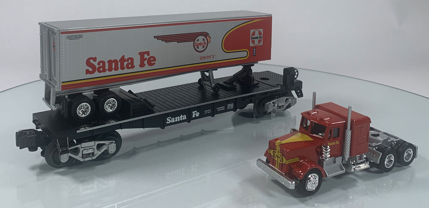 LIONEL • O GAUGE • LOTS 2008 Santa Fe Warbonnet Flatcar with Tractor & Trailer Cab 6-52523 • NEW OLD STOCK