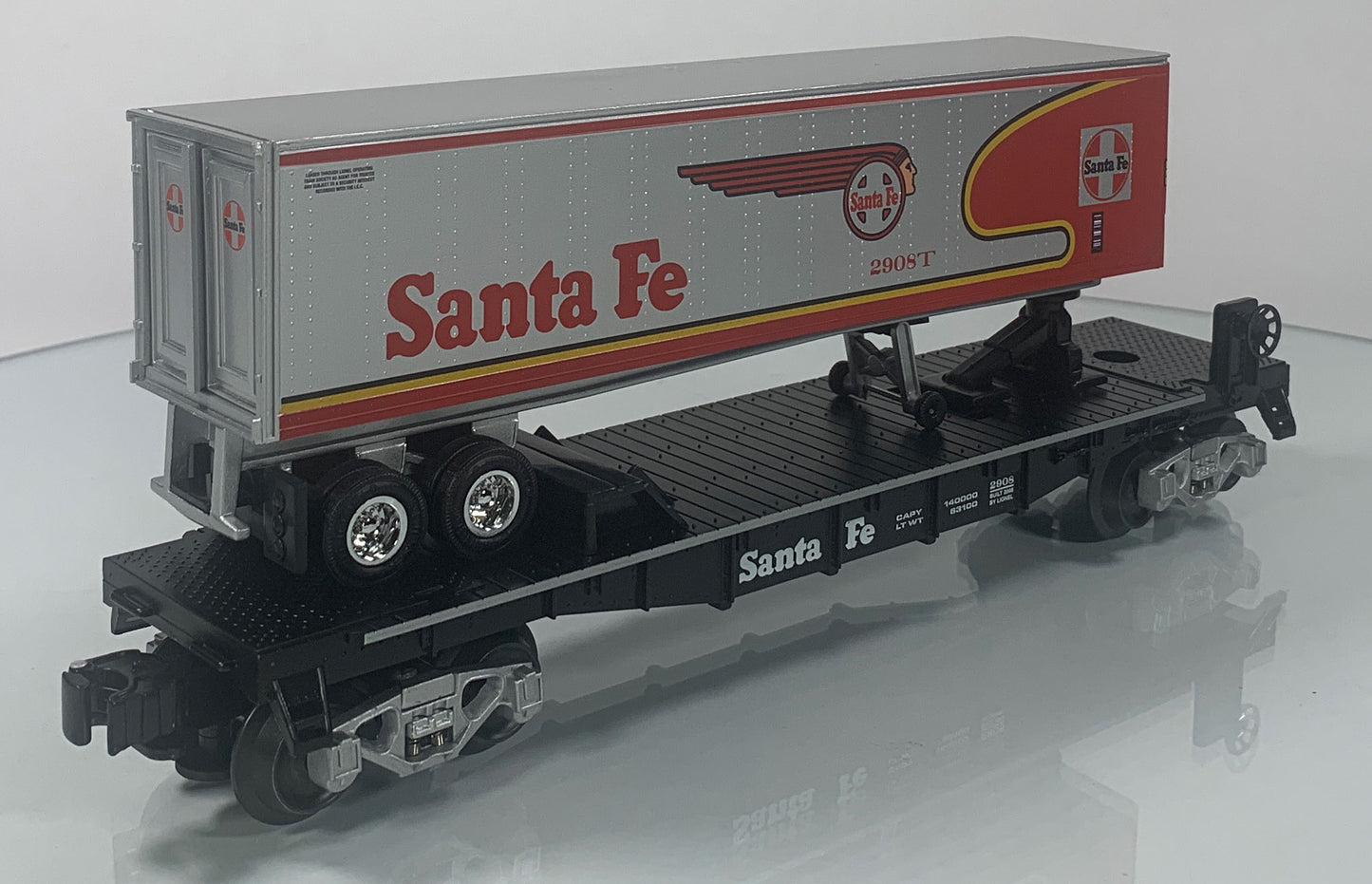 LIONEL • O GAUGE • LOTS 2008 Santa Fe Warbonnet Flatcar with Tractor & Trailer Cab 6-52523 • NEW OLD STOCK