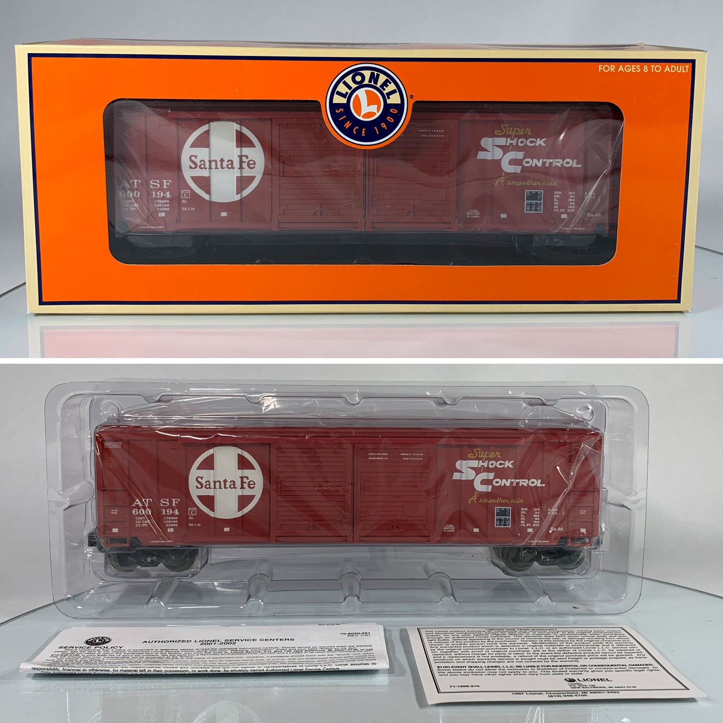 LIONEL • O GAUGE • 2002 Santa Fe Double Door Box Car w/Auto Frames 6-17280 • NEW OLD STOCK