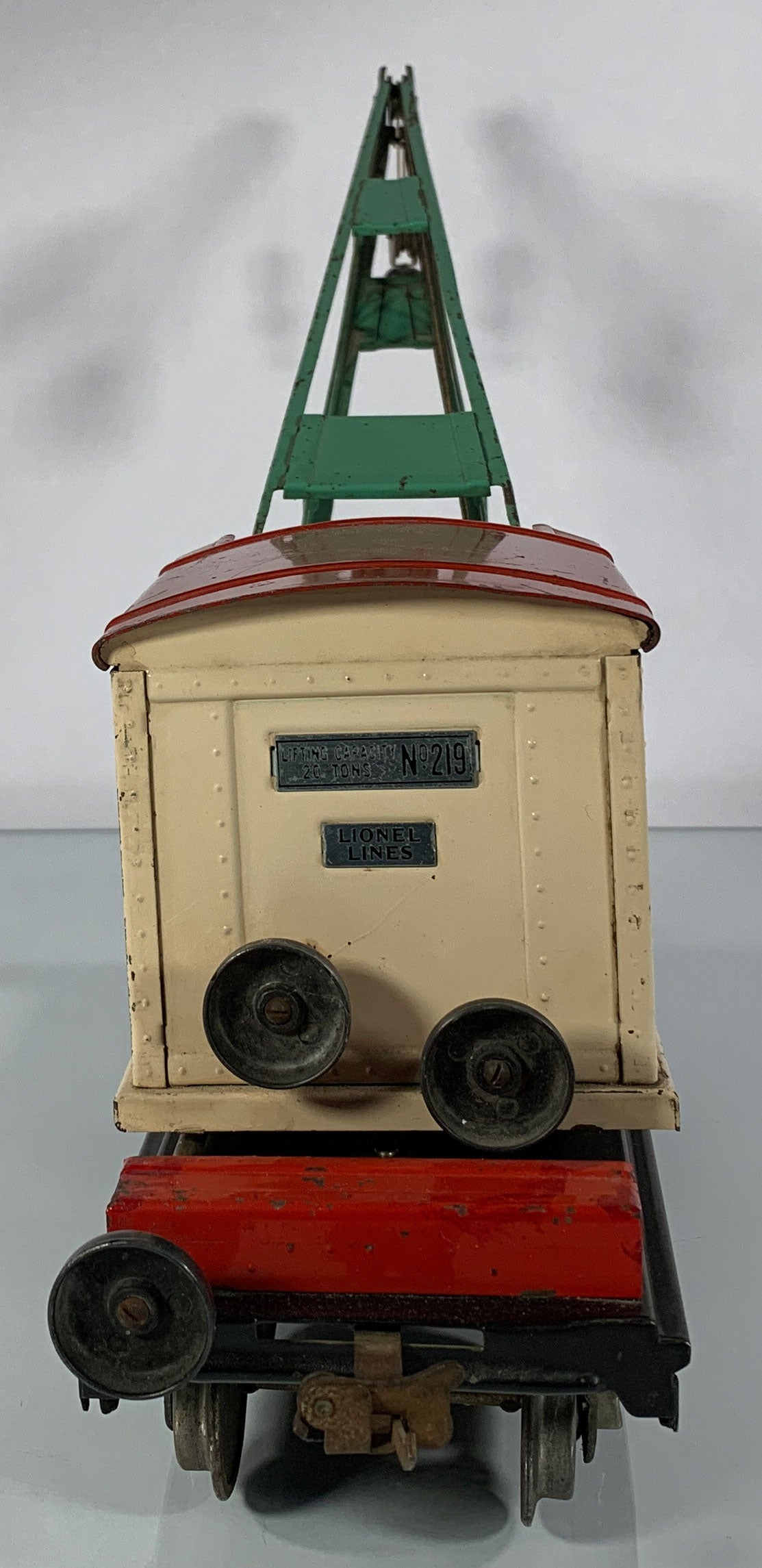 LIONEL • STANDARD GAUGE • 1926-1940 219 Crane RARE Ivory Red Roof Green Boom • VERY GOOD COND