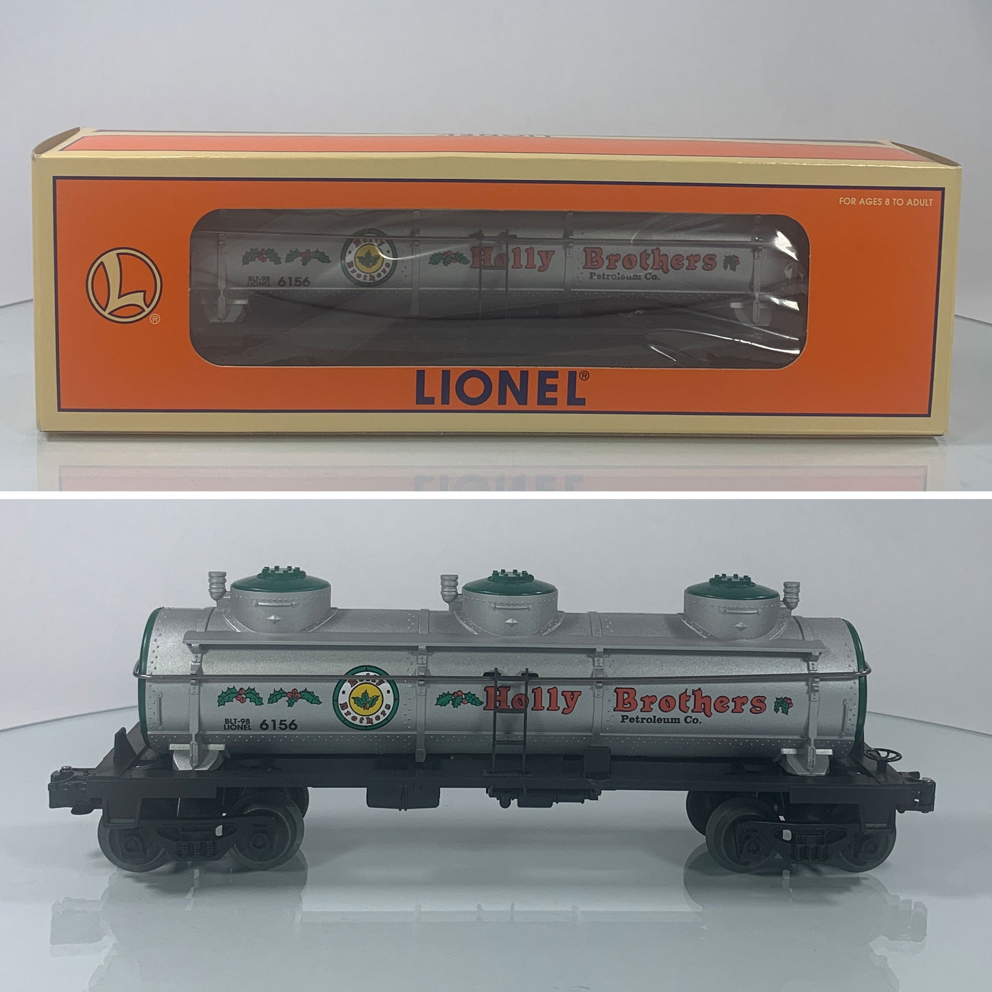 LIONEL • O GAUGE • 1998 Department 56 Holly Brothers Petroleum 3 Dome Tank Car 6-52157 • NEW OLD STOCK