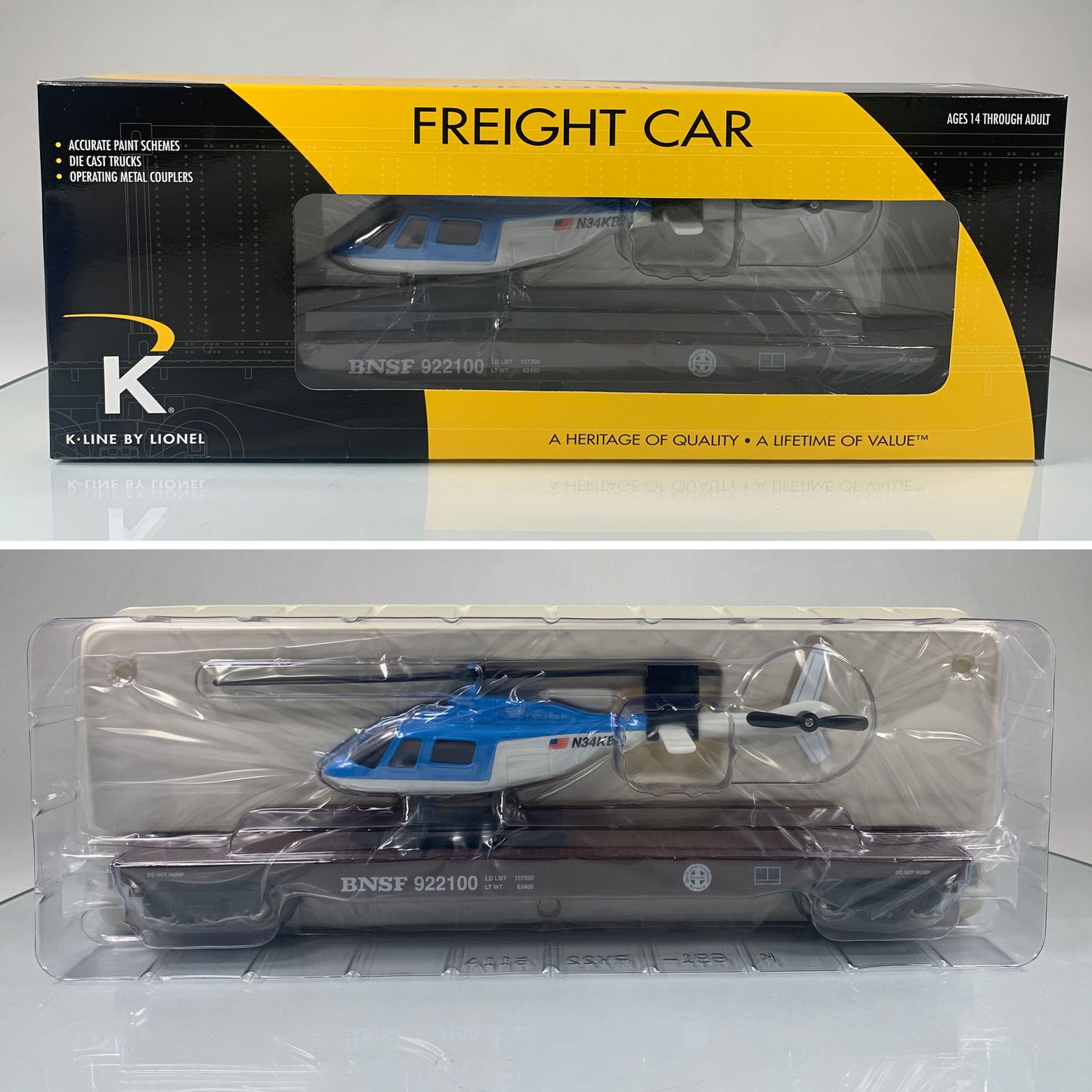 K-LINE • O GAUGE • 2009 Burlington Northern Santa Fe Flat Car w/Helicopter 6-22511 • NEW OLD STOCK