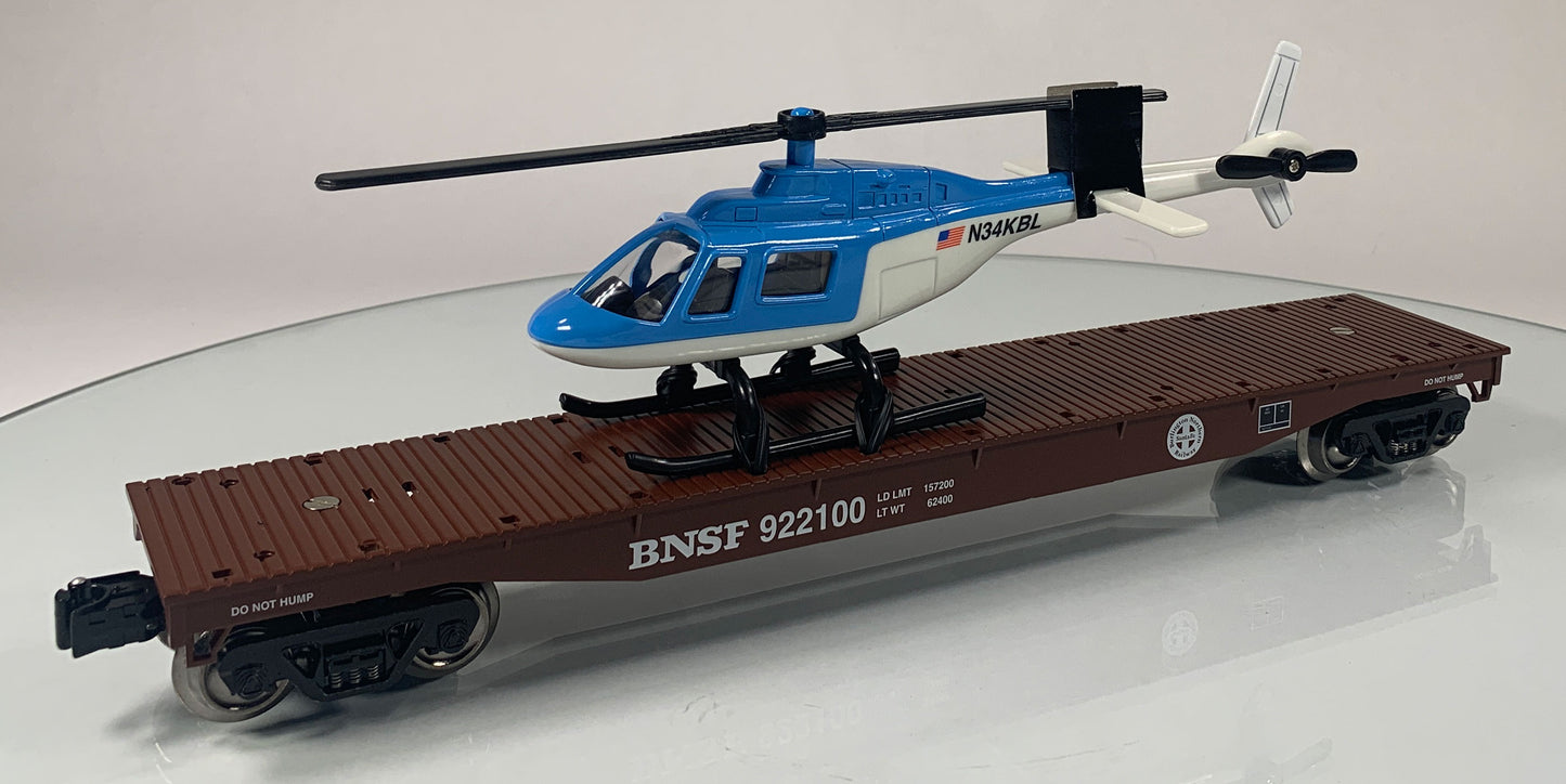 K-LINE • O GAUGE • 2009 Burlington Northern Santa Fe Flat Car w/Helicopter 6-22511 • NEW OLD STOCK