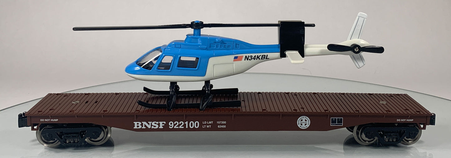 K-LINE • O GAUGE • 2009 Burlington Northern Santa Fe Flat Car w/Helicopter 6-22511 • NEW OLD STOCK