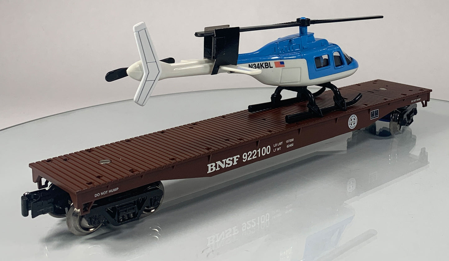 K-LINE • O GAUGE • 2009 Burlington Northern Santa Fe Flat Car w/Helicopter 6-22511 • NEW OLD STOCK