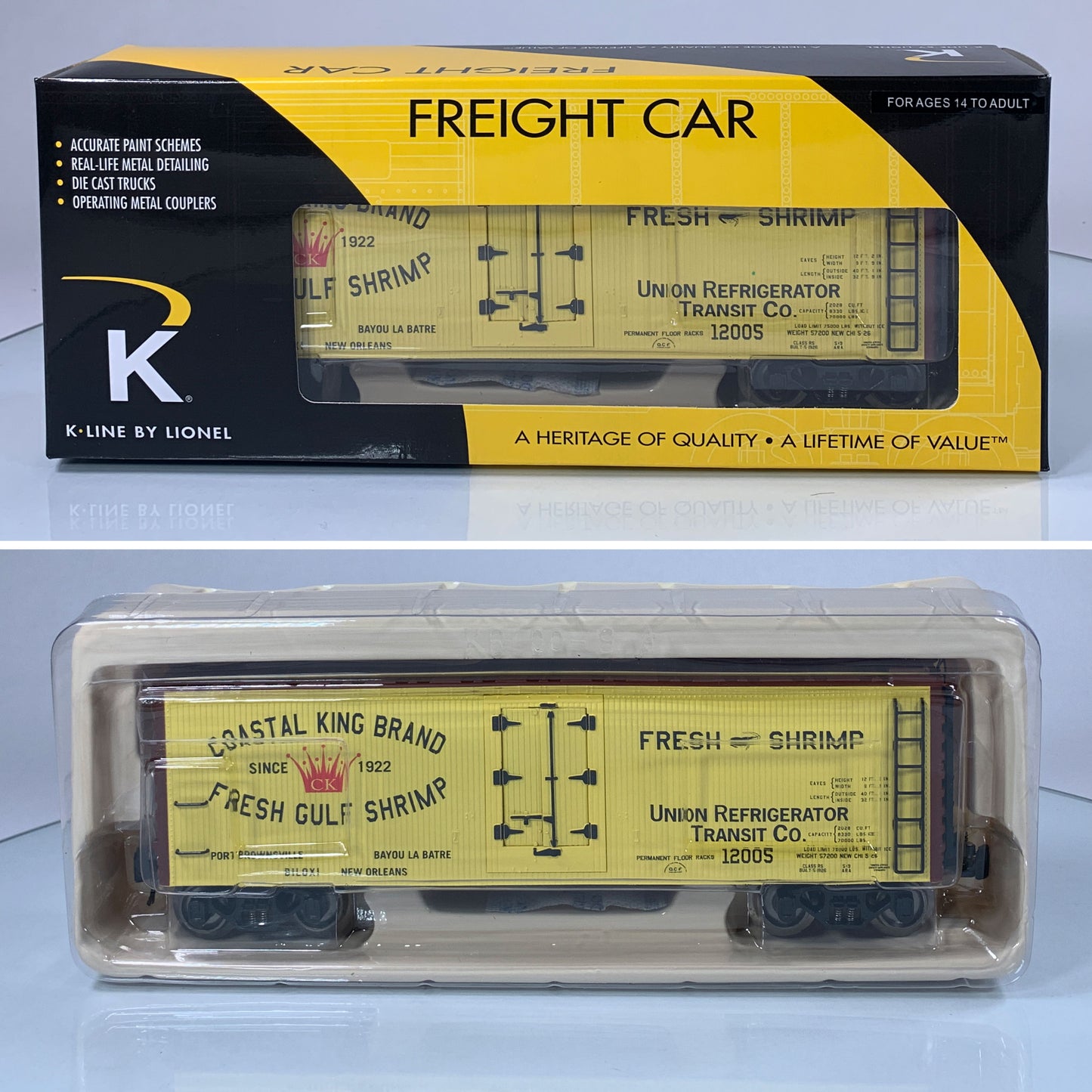 K-LINE • O GAUGE • 2006 Coastal King Brand Shrimp Reefer 6-22314 • NEW OLD STOCK