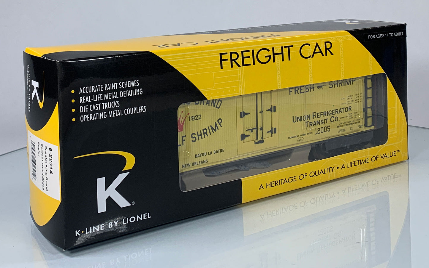 K-LINE • O GAUGE • 2006 Coastal King Brand Shrimp Reefer 6-22314 • NEW OLD STOCK