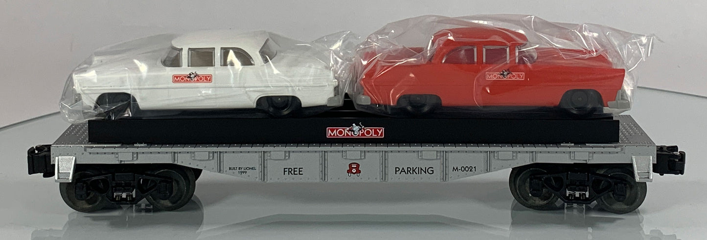 LIONEL • O GAUGE • 1999 Monopoly Free Parking Flatcar w 2 Autos 6-52184 • NEW OLD STOCK