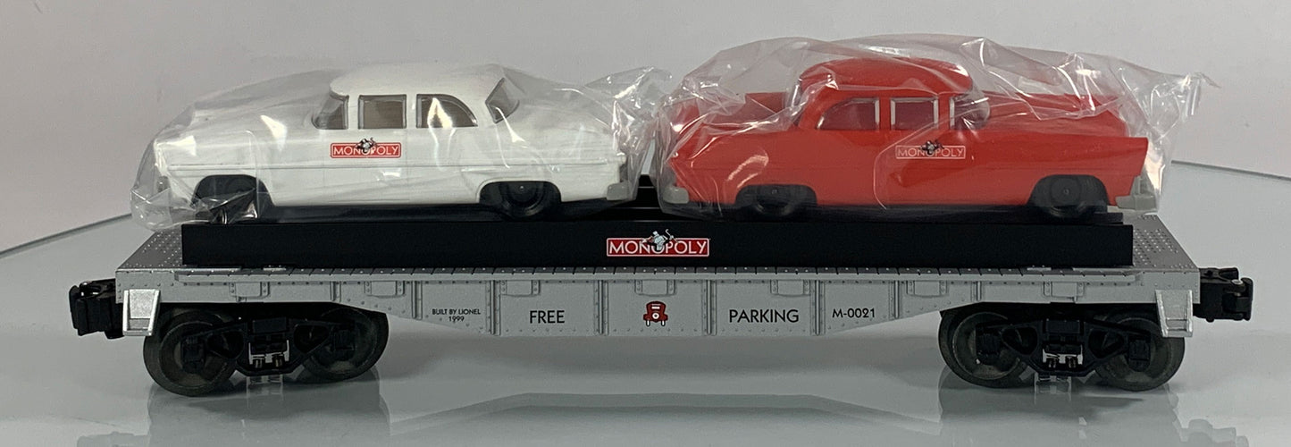 LIONEL • O GAUGE • 1999 Monopoly Free Parking Flatcar w 2 Autos 6-52184 • NEW OLD STOCK