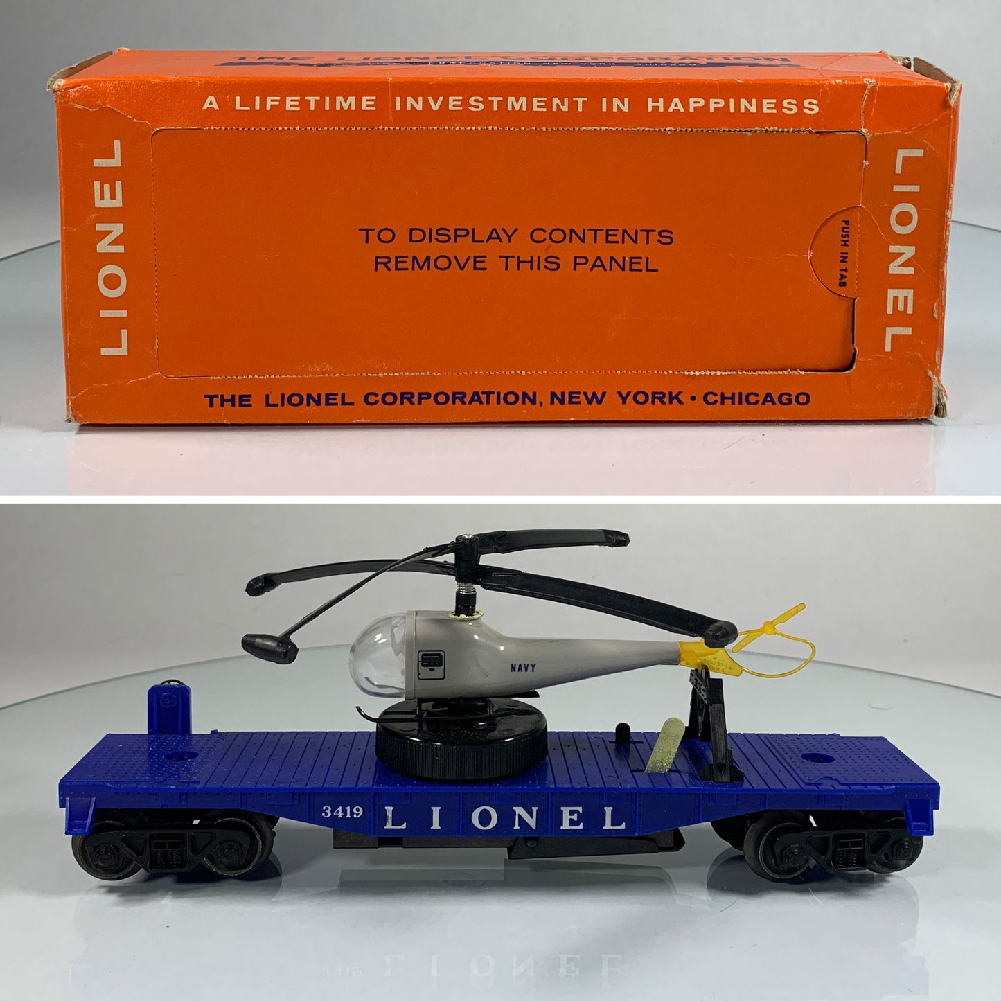 LIONEL • O GAUGE • 1959 Postwar 3419 Operating Helicopter Launching Flat Car • Original Box • EX COND