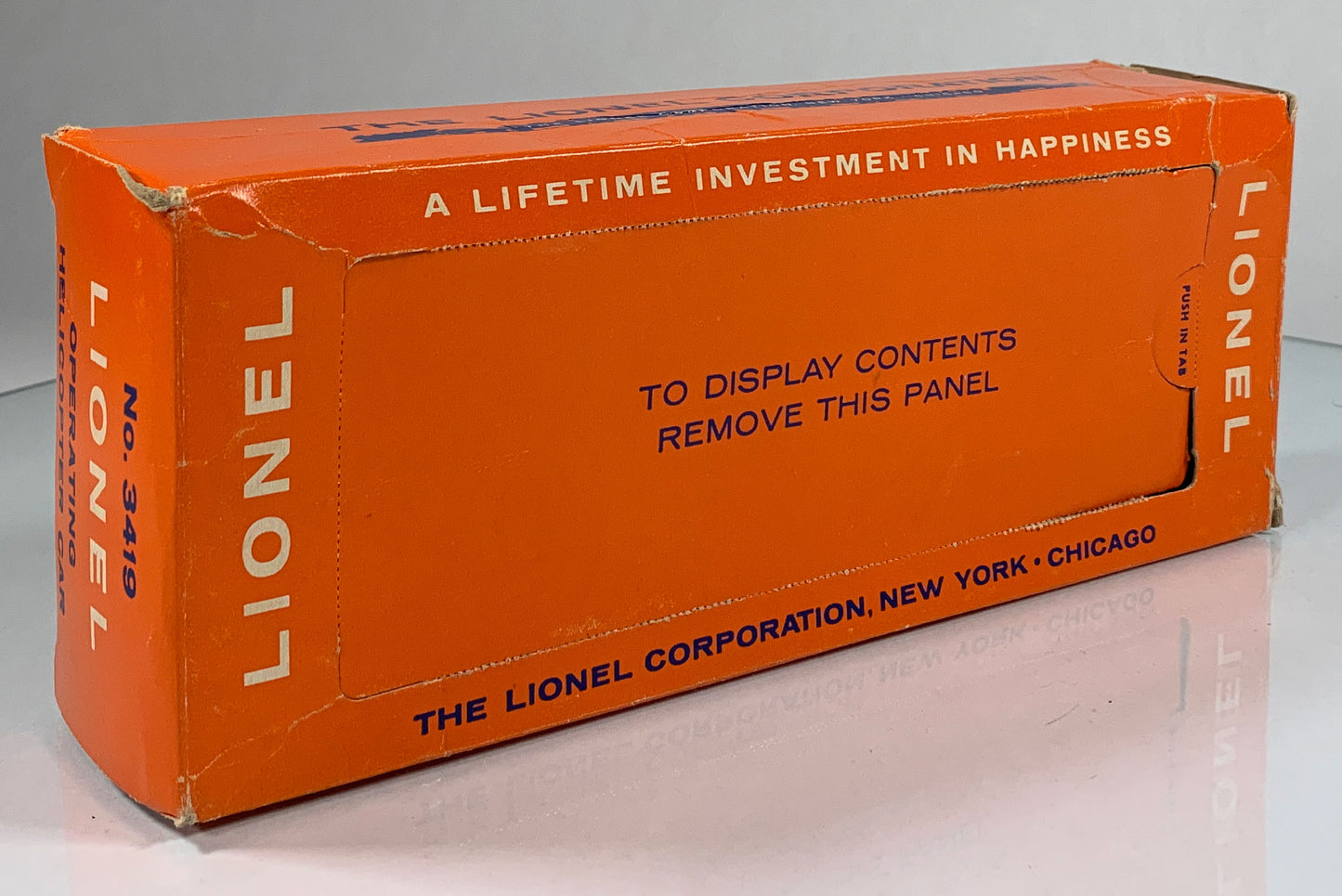 LIONEL • O GAUGE • 1959 Postwar 3419 Operating Helicopter Launching Flat Car • Original Box • EX COND