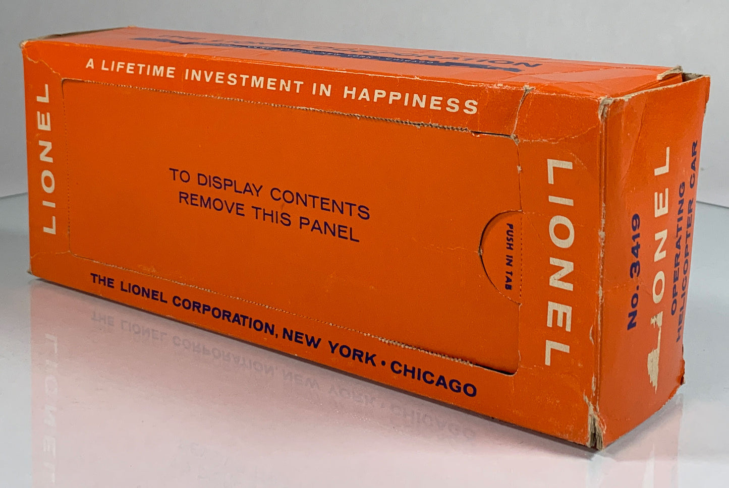 LIONEL • O GAUGE • 1959 Postwar 3419 Operating Helicopter Launching Flat Car • Original Box • EX COND