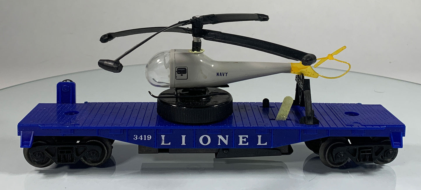 LIONEL • O GAUGE • 1959 Postwar 3419 Operating Helicopter Launching Flat Car • Original Box • EX COND