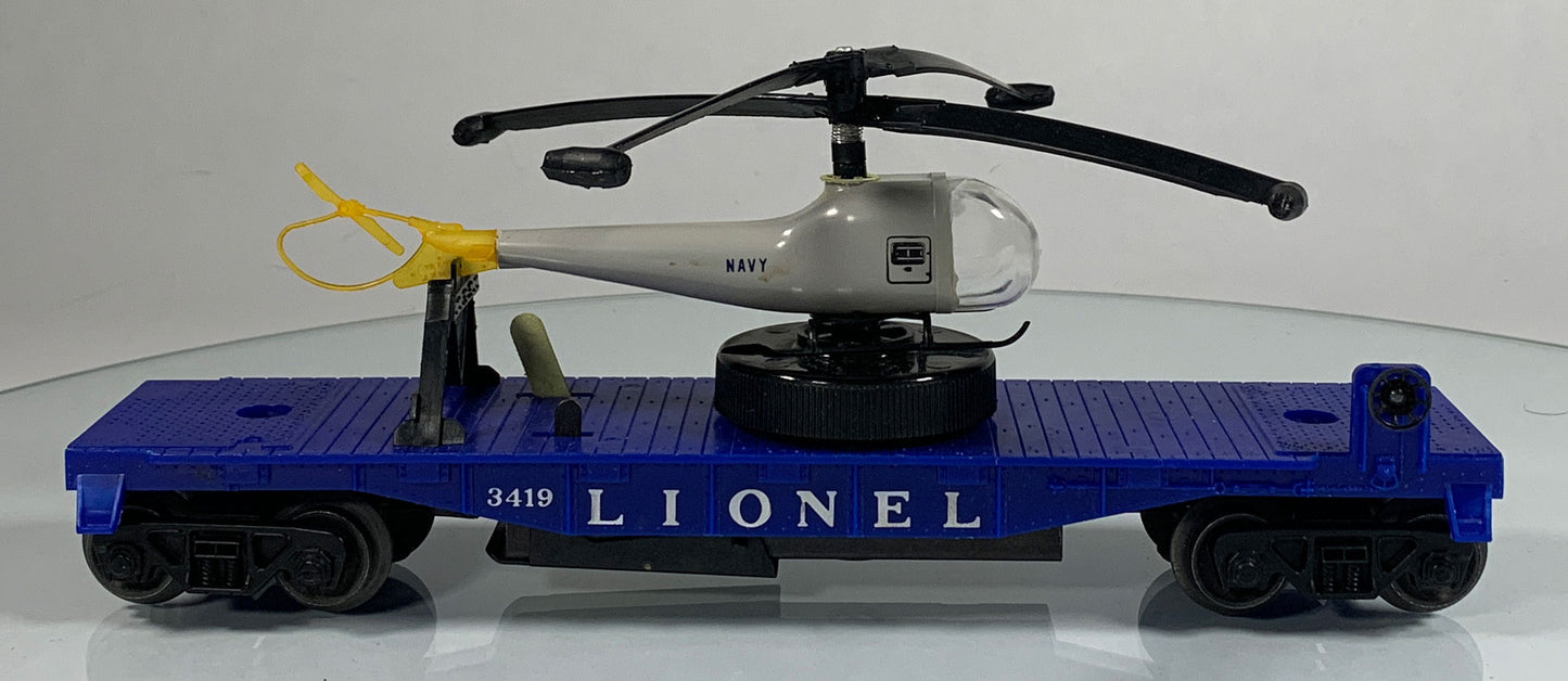 LIONEL • O GAUGE • 1959 Postwar 3419 Operating Helicopter Launching Flat Car • Original Box • EX COND