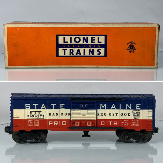 LIONEL • O GAUGE • 1956-1958 Postwar 3494-275 State of Maine Operating Boxcar w Orig Box • EX COND