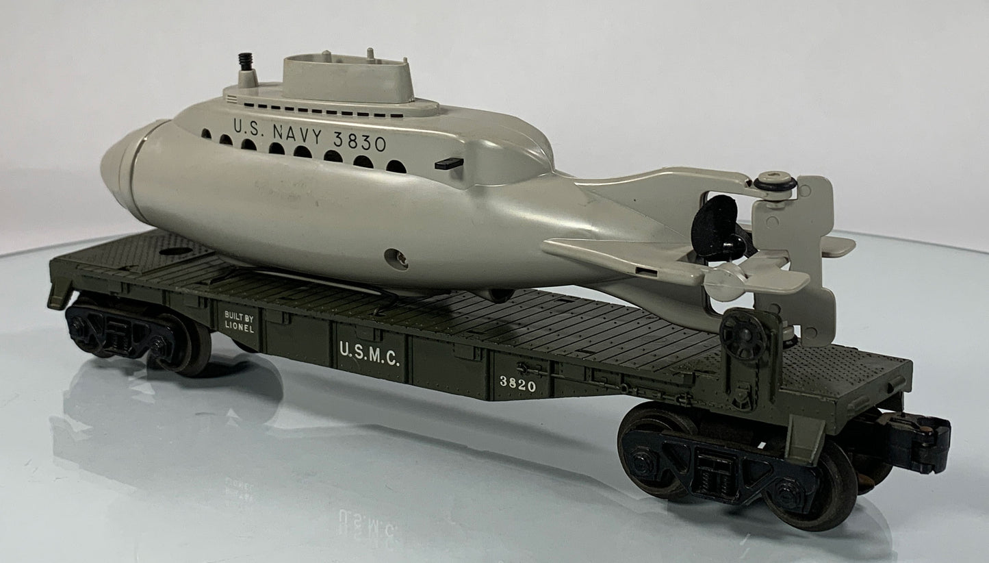 LIONEL • O GAUGE • 1960 Postwar 3820 USMC Submarine Flat Car • Loose • VERY GOOD COND